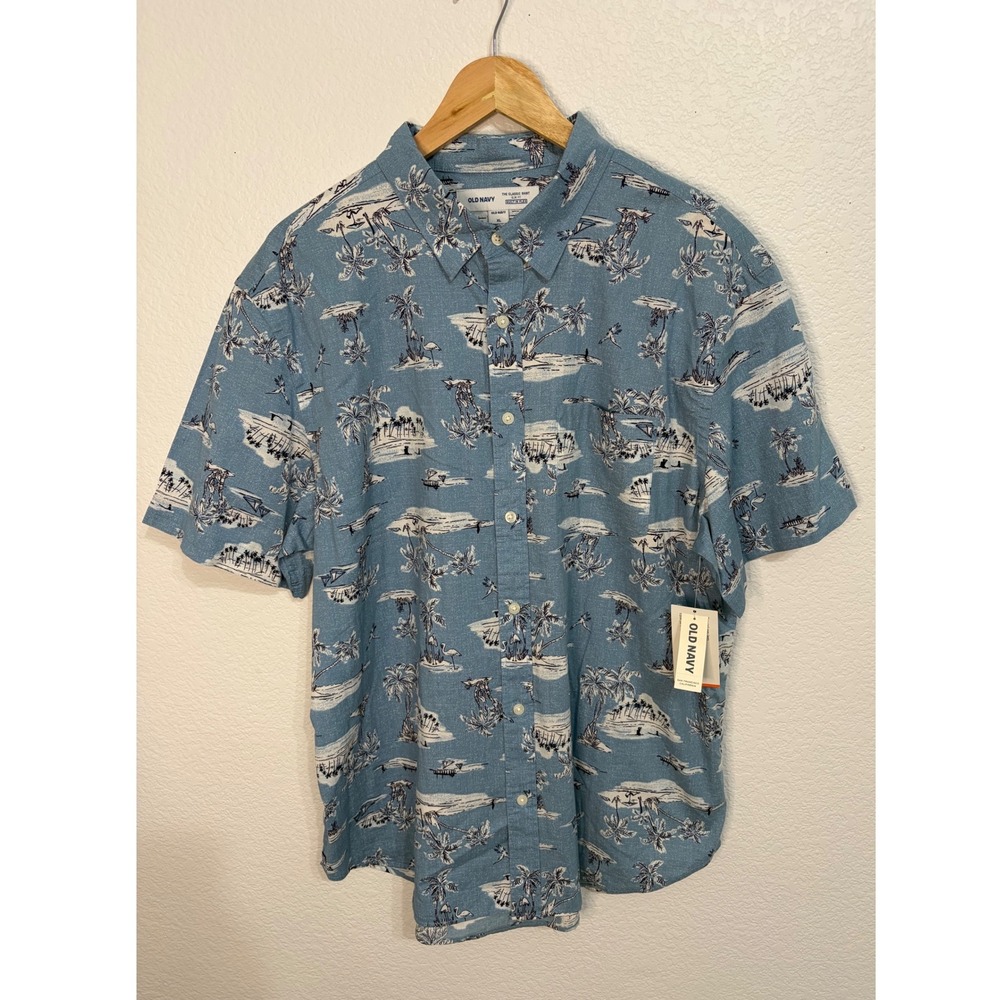 Old Navy Mens XL Slim Fit Built-In Flex Tropical Palm Tree Button DownShirt Blue